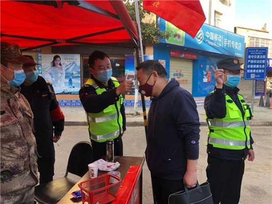 6.嵩明县纪检干部到杨林镇政府劝导站检查防疫工作，正在接受体温检测。（李慧超）.jpg